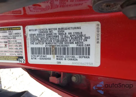 2004 Toyota Corolla Le из США, поврежденный, VIN 2T1BR32E94C302651